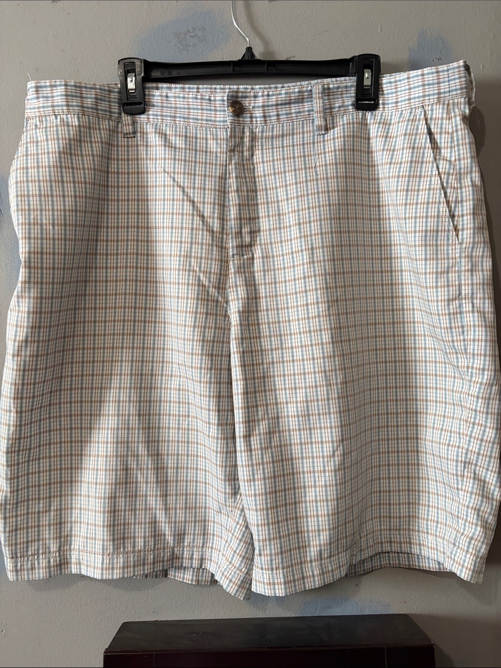 adidas Men's Plaid Flat Front Shorts in White, Tan & Light Blue